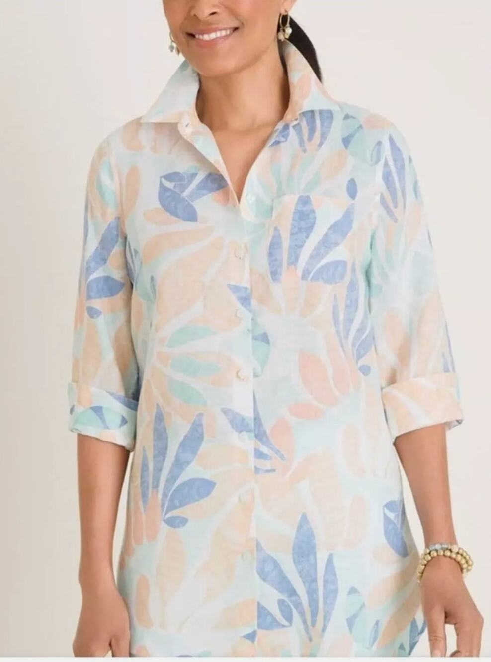 Chico's Linen Tunic Top No Iron Tropical Leaf 3/4 Sleeves Resort Colorful 3
